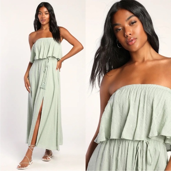 Lulus Dresses & Skirts - NWT Lulus Made for Vacation Sage Green Silver Strapless Maxi Dress